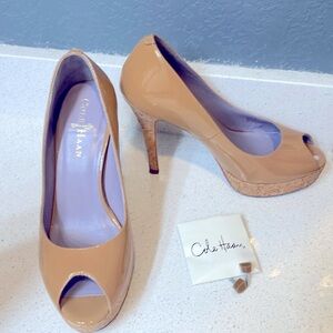 Cole Haan Nude Patent leather Peep Toe Platform Pumps w/ Cork heal-Size 6
